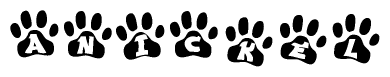 The image shows a series of animal paw prints arranged in a horizontal line. Each paw print contains a letter, and together they spell out the word Anickel.