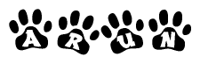 The image shows a series of animal paw prints arranged in a horizontal line. Each paw print contains a letter, and together they spell out the word Arun.