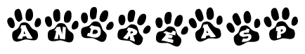 The image shows a row of animal paw prints, each containing a letter. The letters spell out the word Andreasp within the paw prints.