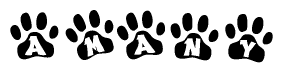 The image shows a row of animal paw prints, each containing a letter. The letters spell out the word Amany within the paw prints.