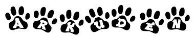 The image shows a series of animal paw prints arranged horizontally. Within each paw print, there's a letter; together they spell Arkuden