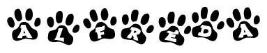 The image shows a series of animal paw prints arranged horizontally. Within each paw print, there's a letter; together they spell Alfreda