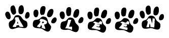The image shows a row of animal paw prints, each containing a letter. The letters spell out the word Arleen within the paw prints.