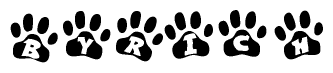 The image shows a series of animal paw prints arranged in a horizontal line. Each paw print contains a letter, and together they spell out the word Byrich.