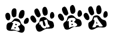 The image shows a series of animal paw prints arranged horizontally. Within each paw print, there's a letter; together they spell Buba