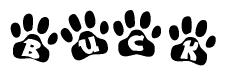The image shows a series of animal paw prints arranged in a horizontal line. Each paw print contains a letter, and together they spell out the word Buck.