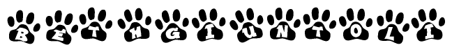 The image shows a series of animal paw prints arranged horizontally. Within each paw print, there's a letter; together they spell Bethgiuntoli