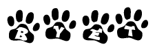 The image shows a row of animal paw prints, each containing a letter. The letters spell out the word Byet within the paw prints.