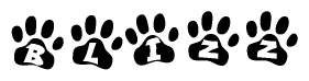 The image shows a row of animal paw prints, each containing a letter. The letters spell out the word Blizz within the paw prints.