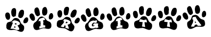 The image shows a series of animal paw prints arranged horizontally. Within each paw print, there's a letter; together they spell Birgitta