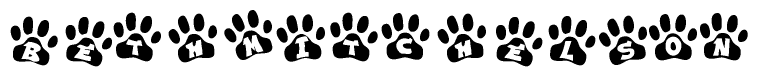 The image shows a row of animal paw prints, each containing a letter. The letters spell out the word Bethmitchelson within the paw prints.