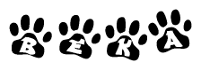 The image shows a series of animal paw prints arranged in a horizontal line. Each paw print contains a letter, and together they spell out the word Beka.