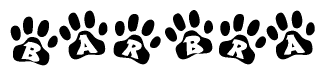 The image shows a series of animal paw prints arranged horizontally. Within each paw print, there's a letter; together they spell Barbra