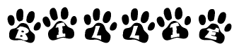 The image shows a row of animal paw prints, each containing a letter. The letters spell out the word Billie within the paw prints.