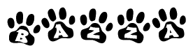 The image shows a row of animal paw prints, each containing a letter. The letters spell out the word Bazza within the paw prints.