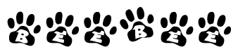 The image shows a row of animal paw prints, each containing a letter. The letters spell out the word Beebee within the paw prints.
