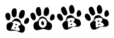 The image shows a series of animal paw prints arranged in a horizontal line. Each paw print contains a letter, and together they spell out the word Bobb.
