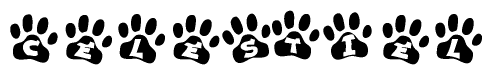 The image shows a series of animal paw prints arranged in a horizontal line. Each paw print contains a letter, and together they spell out the word Celestiel.