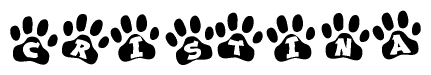 The image shows a series of animal paw prints arranged in a horizontal line. Each paw print contains a letter, and together they spell out the word Cristina.