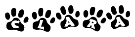The image shows a row of animal paw prints, each containing a letter. The letters spell out the word Clara within the paw prints.