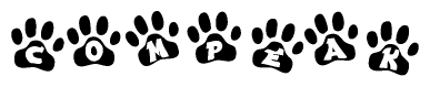 The image shows a series of animal paw prints arranged horizontally. Within each paw print, there's a letter; together they spell Compeak