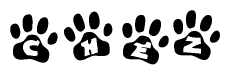 The image shows a series of animal paw prints arranged in a horizontal line. Each paw print contains a letter, and together they spell out the word Chez.