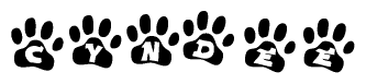 The image shows a series of animal paw prints arranged horizontally. Within each paw print, there's a letter; together they spell Cyndee