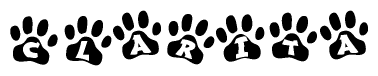The image shows a series of animal paw prints arranged in a horizontal line. Each paw print contains a letter, and together they spell out the word Clarita.