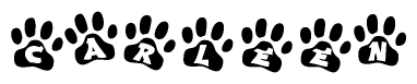 The image shows a series of animal paw prints arranged horizontally. Within each paw print, there's a letter; together they spell Carleen