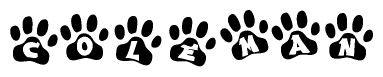 The image shows a row of animal paw prints, each containing a letter. The letters spell out the word Coleman within the paw prints.