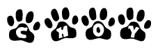 The image shows a series of animal paw prints arranged in a horizontal line. Each paw print contains a letter, and together they spell out the word Choy.