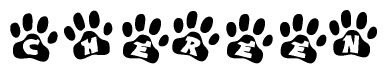 The image shows a series of animal paw prints arranged in a horizontal line. Each paw print contains a letter, and together they spell out the word Chereen.