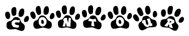 The image shows a series of animal paw prints arranged horizontally. Within each paw print, there's a letter; together they spell Contour