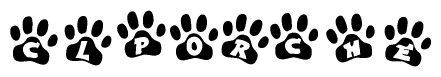 The image shows a series of animal paw prints arranged horizontally. Within each paw print, there's a letter; together they spell Clporche