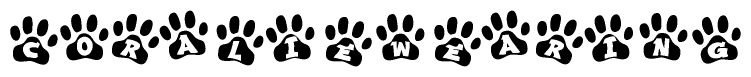 The image shows a series of animal paw prints arranged horizontally. Within each paw print, there's a letter; together they spell Coraliewearing