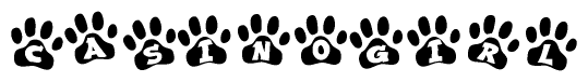 The image shows a row of animal paw prints, each containing a letter. The letters spell out the word Casinogirl within the paw prints.