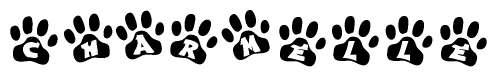 The image shows a row of animal paw prints, each containing a letter. The letters spell out the word Charmelle within the paw prints.