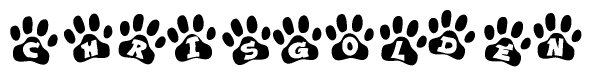 The image shows a row of animal paw prints, each containing a letter. The letters spell out the word Chrisgolden within the paw prints.