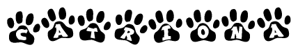 The image shows a series of animal paw prints arranged in a horizontal line. Each paw print contains a letter, and together they spell out the word Catriona.