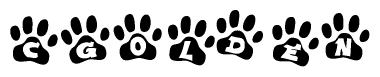 The image shows a series of animal paw prints arranged in a horizontal line. Each paw print contains a letter, and together they spell out the word Cgolden.