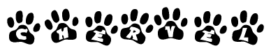 The image shows a row of animal paw prints, each containing a letter. The letters spell out the word Chervel within the paw prints.