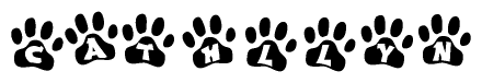 The image shows a row of animal paw prints, each containing a letter. The letters spell out the word Cathllyn within the paw prints.