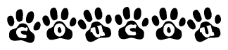 The image shows a series of animal paw prints arranged horizontally. Within each paw print, there's a letter; together they spell Coucou
