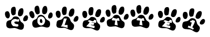 The image shows a series of animal paw prints arranged horizontally. Within each paw print, there's a letter; together they spell Colette1