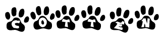 The image shows a series of animal paw prints arranged in a horizontal line. Each paw print contains a letter, and together they spell out the word Cotten.
