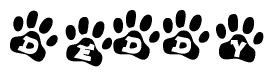 The image shows a row of animal paw prints, each containing a letter. The letters spell out the word Deddy within the paw prints.