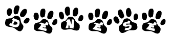 The image shows a series of animal paw prints arranged horizontally. Within each paw print, there's a letter; together they spell Denese