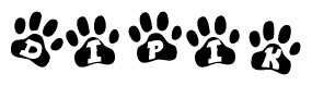 The image shows a series of animal paw prints arranged horizontally. Within each paw print, there's a letter; together they spell Dipik