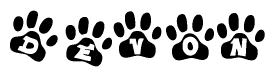 The image shows a series of animal paw prints arranged in a horizontal line. Each paw print contains a letter, and together they spell out the word Devon.