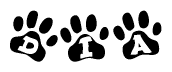 The image shows a series of animal paw prints arranged in a horizontal line. Each paw print contains a letter, and together they spell out the word Dia.